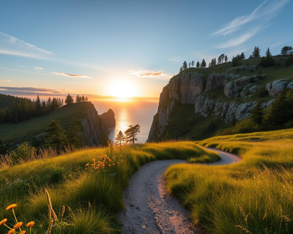 A serene scene of hiking trails in Höga Kusten, Sweden, showcasing diverse landscapes. In the foreground, a winding dirt path lined with vibrant wildflowers and soft green grass invites exploration. The middle ground features majestic cliffs rising dramatically, lush trees dotting their heights, and a glimpse of the sparkling waters of the Gulf of Bothnia visible between the rocks. In the background, the sun sets, casting a golden yellow and soft pink hue over the sky, with light streaming through wispy clouds. Capture this scene with a wide-angle lens to enhance depth, evoking a tranquil and adventurous mood. The atmosphere is peaceful, inviting outdoor enthusiasts to discover the natural beauty and stunning vistas of Höga Kusten.