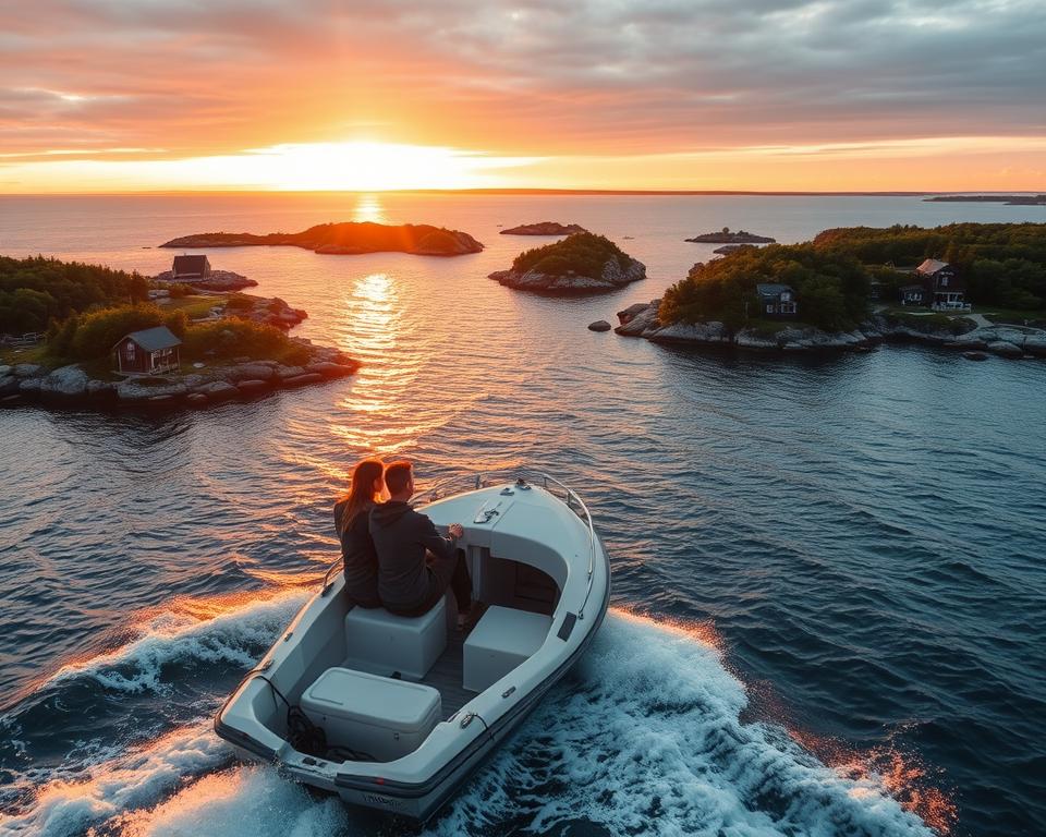 A serene scene of island hopping in the Swedish archipelago during golden hour. In the foreground, a small motorboat glides across the tranquil waters, its bow cutting through gentle waves. Two travelers, dressed in smart casual attire, are seated, gazing at the sparkling sea, surrounded by picturesque, rocky islands with lush greenery and quaint wooden cabins. In the middle ground, a cluster of islands with varying shades of green and rocky outcrops creates a harmonious landscape, reflecting the soft glow of the setting sun. The background reveals the expansive horizon under a vibrant sky, a mixture of oranges and pinks as the sun sets. The atmosphere is peaceful and inviting, embodying the adventure and beauty of exploring Sweden's stunning archipelago.