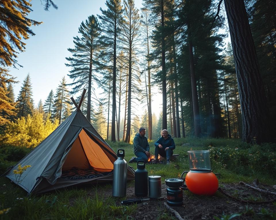 A serene scene of sustainable wild camping in Sweden, set in a lush, green forest. In the foreground, a small, well-tended campsite features a modest tent made of natural materials, blending harmoniously with the environment. Nearby, a reusable water bottle and a lightweight, stove for cooking are arranged neatly, emphasizing "Leave No Trace" principles. In the middle, a group of three campers dressed in casual outdoor attire—comfortable and environmentally conscious—are engaging in a respectful conversation around a campfire, surrounded by wildflowers and greenery. The background showcases tall, majestic trees and a clear blue sky, with soft, warm sunlight filtering through the leaves, creating a peaceful and inviting atmosphere. The image captures the essence of responsible camping while respecting nature. A serene scene of sustainable wild camping in Sweden, set in a lush, green forest. In the foreground, a small, well-tended campsite features a modest tent made of natural materials, blending harmoniously with the environment. Nearby, a reusable water bottle and a lightweight, stove for cooking are arranged neatly, emphasizing "Leave No Trace" principles. In the middle, a group of three campers dressed in casual outdoor attire—comfortable and environmentally conscious—are engaging in a respectful conversation around a campfire, surrounded by wildflowers and greenery. The background showcases tall, majestic trees and a clear blue sky, with soft, warm sunlight filtering through the leaves, creating a peaceful and inviting atmosphere. The image captures the essence of responsible camping while respecting nature.