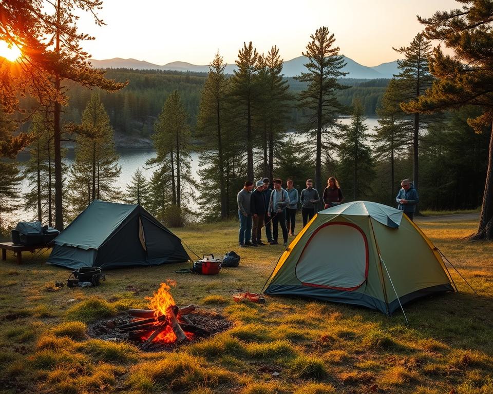 A serene scene showcasing the essence of wild camping in Sweden, set in a vibrant forest clearing during the golden hour. In the foreground, a well-organized campsite features a small tent, a campfire with glowing embers, and cooking gear. In the middle ground, a group of diverse people, dressed in modest outdoor attire, are engaged in setting up their campsite and enjoying nature. The background reveals lush green trees, a tranquil lake reflecting the warm hues of the sunset, and distant mountains under a clear sky. Soft, warm lighting enhances the peaceful atmosphere, while a slight breeze rustles the leaves, conveying a sense of adventure and harmony with nature. A serene scene showcasing the essence of wild camping in Sweden, set in a vibrant forest clearing during the golden hour. In the foreground, a well-organized campsite features a small tent, a campfire with glowing embers, and cooking gear. In the middle ground, a group of diverse people, dressed in modest outdoor attire, are engaged in setting up their campsite and enjoying nature. The background reveals lush green trees, a tranquil lake reflecting the warm hues of the sunset, and distant mountains under a clear sky. Soft, warm lighting enhances the peaceful atmosphere, while a slight breeze rustles the leaves, conveying a sense of adventure and harmony with nature.