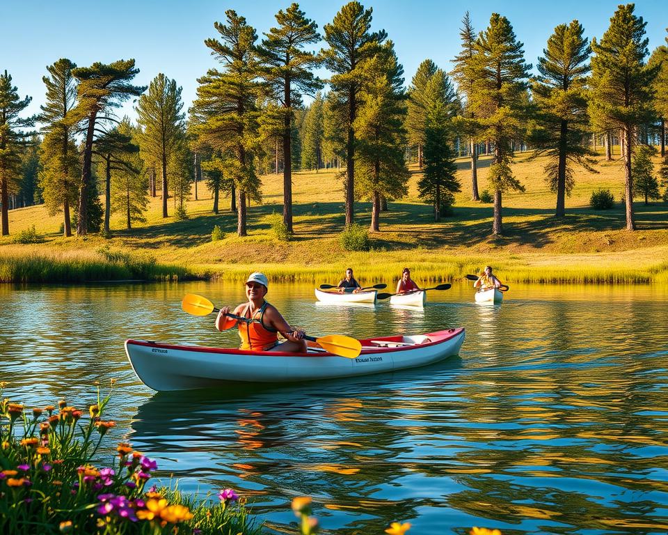 A serene summer scene in Sweden, showcasing a lush green landscape perfect for outdoor adventures. In the foreground, a stable kayak is gently gliding across a pristine lake, surrounded by vibrant wildflowers along the shore. In the middle ground, a diverse group of people in modest casual attire are paddling with joy, capturing the excitement of a summer day. The background features tall pine trees and soft rolling hills under a clear blue sky, with the warm glow of golden sunlight filtering through the leaves, creating a peaceful and inviting atmosphere. The image should be taken from a slightly elevated angle, emphasizing the beauty of both the landscape and the paddlers, with a focus on natural colors that evoke a sense of adventure and tranquility.