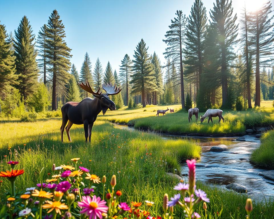 A serene summer scene in Sweden, showcasing a majestic moose standing gracefully in a lush green meadow. In the foreground, vibrant wildflowers bloom, adding splashes of color. The middle ground features a gentle stream reflecting the clear blue sky, with a few grazing reindeer nearby, embodying the rich wildlife of the region. In the background, dense forests of tall pine trees create a tranquil atmosphere, with soft sunlight filtering through the leaves, casting dappled shadows on the ground. The scene is captured in soft, natural lighting, with a slight lens flare from the sun, evoking a warm, peaceful mood that highlights the beauty of Swedish nature.