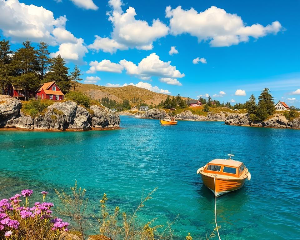 A serene view of Sweden's archipelago, showcasing a cluster of rugged granite islands adorned with lush green pine trees and wildflowers in vibrant bloom. In the foreground, a crystal-clear turquoise sea softly laps against the shore, reflecting the bright blue sky with fluffy white clouds. Midway, quaint wooden boats are anchored, their colorful hulls adding charm to the scene. In the background, gentle hills rise, dotted with traditional Swedish cottages featuring red and white exteriors. The lighting is warm and golden, indicative of late afternoon, casting soft shadows and creating a tranquil atmosphere. The composition captures the essence of discovery, inviting viewers to explore hidden gems in this picturesque coastal paradise.