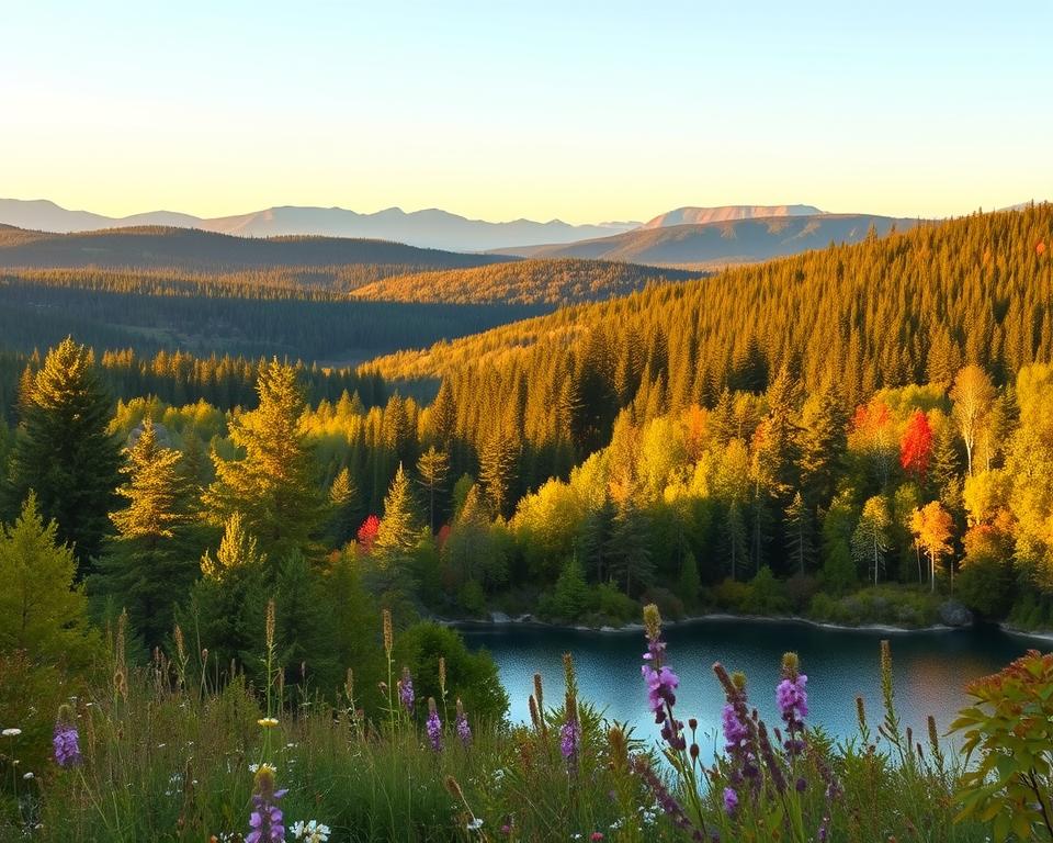 A serene view of a Swedish national park during golden hour, showcasing a vibrant landscape of dense, lush forests and rolling hills. In the foreground, a tranquil lake reflects the golden hues of the sunset, surrounded by wildflowers in full bloom. The middle ground features a diverse array of trees, including majestic pines and colorful birch, with soft, dappled light filtering through the leaves. In the background, distant mountains create a dramatic silhouette against the sky, casting a sense of depth. The atmosphere is peaceful and inviting, evoking the beauty and tranquility of nature. The scene is captured with a wide-angle lens to emphasize the expansive scenery, with soft focus on the edges to draw attention to the lake and surrounding flora. The overall mood is calm and harmonious, celebrating the untouched wilderness of Sweden's protected areas.