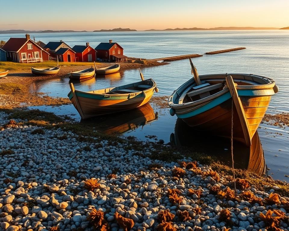 A serene view of the "Seefahrt Weiße Meer" coastline, featuring historic wooden fishing boats resting gently on calm waters. In the foreground, scattered pebbles and seaweed lead to the water's edge, reflecting the soft sunlight. The middle ground showcases quaint, rustic wooden houses with traditional architecture lining the shore, their colorful facades bright against the natural landscape. In the background, the expansive white sea stretches towards a horizon dotted with distant, misty islands and a gentle sunset, casting a warm golden glow across the scene. The atmosphere is peaceful and nostalgic, evoking a sense of cultural heritage and maritime history. The lighting is warm and inviting, giving the image an overall tranquil yet vibrant mood.