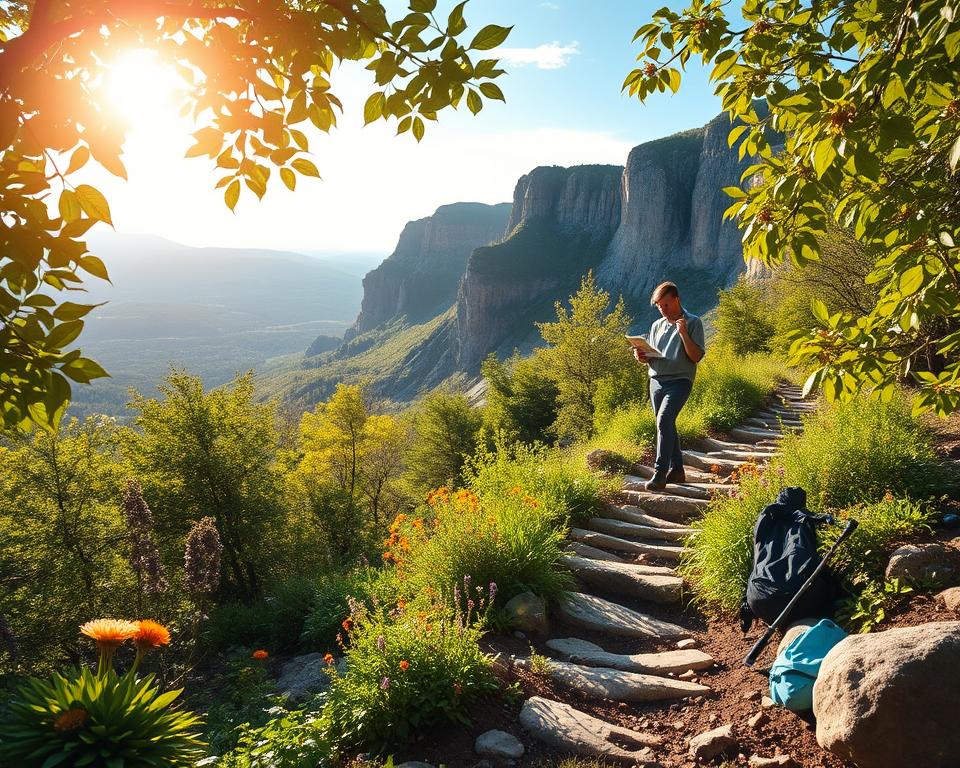 A serene view of the Skuleskogen National Park, showcasing lush greenery and rugged terrain. In the foreground, a narrow, winding trail leads through dense foliage, flanked by vibrant wildflowers and smooth stones, emphasizing safety and navigation. In the middle ground, a hiker in professional casual attire consults a map, highlighting preparedness and outdoor safety amidst the natural beauty. The background features towering cliffs and a vibrant blue sky, with soft, golden sunlight filtering through the leaves, creating a warm and inviting atmosphere. The composition is captured from a slightly elevated angle, focusing on both the hiker and the stunning landscape, illustrating the harmony between nature and safety. The scene evokes a sense of adventure and tranquility, perfect for a nature-oriented exploration theme.