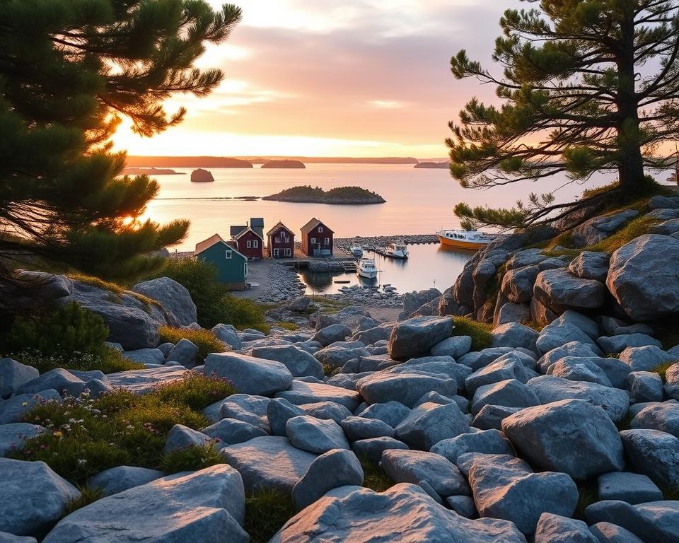 A serene view of the Swedish archipelago at sunset, featuring a rocky coastline with lush pine trees framing the edges of the scene. In the foreground, smooth stones and patches of wildflowers contrast with gently lapping waves. The middle ground showcases a cluster of small, wooden houses painted in traditional Swedish colors, with boats moored nearby bobbing on the water. The background features distant islands shrouded in soft, golden light, creating a tranquil atmosphere. The sky is painted with hues of orange, pink, and purple, reflecting beautifully on the water. Capture this scene with a wide-angle lens to emphasize the expansive beauty of the archipelago, highlighting the peacefulness and charm of this unique coastal paradise.