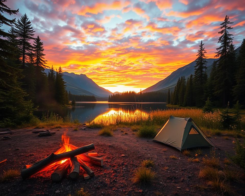 A serene wild camping scene in Sweden, capturing a tranquil lakeside surrounded by lush evergreen forests. In the foreground, a cozy campfire with a few cut logs and a small tent pitched nearby, glowing softly in the warm evening light. The middle ground features a clear lake reflecting the vibrant colors of a sunset, with wildflowers and tall grasses framing the shore. The background showcases majestic mountains and dense trees under a sky filled with a mix of orange, pink, and purple hues. A peaceful atmosphere prevails, evoking a sense of adventure and connection with nature. The composition should use a wide-angle perspective to enhance the scenic beauty, with soft focus on the distant mountains. A serene wild camping scene in Sweden, capturing a tranquil lakeside surrounded by lush evergreen forests. In the foreground, a cozy campfire with a few cut logs and a small tent pitched nearby, glowing softly in the warm evening light. The middle ground features a clear lake reflecting the vibrant colors of a sunset, with wildflowers and tall grasses framing the shore. The background showcases majestic mountains and dense trees under a sky filled with a mix of orange, pink, and purple hues. A peaceful atmosphere prevails, evoking a sense of adventure and connection with nature. The composition should use a wide-angle perspective to enhance the scenic beauty, with soft focus on the distant mountains.