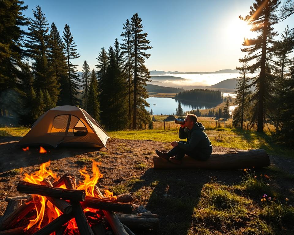 A serene wild camping scene in Sweden, featuring a picturesque lake surrounded by dense pine forests. In the foreground, a cozy campfire is crackling, casting a warm glow on a small tent pitched beside shimmering waters. A person in modest outdoor clothing sits on a log, sipping from a thermos, enjoying the tranquility of nature. The middle ground showcases a lush green landscape, dotted with colorful wildflowers, with a distant view of rolling hills under a clear blue sky. The background reveals mist drifting above the lake as golden sunlight filters through the trees, creating a calm and harmonious atmosphere. The overall mood is peaceful and inviting, perfect for adventurers seeking the joy of wild camping in Sweden. A serene wild camping scene in Sweden, featuring a picturesque lake surrounded by dense pine forests. In the foreground, a cozy campfire is crackling, casting a warm glow on a small tent pitched beside shimmering waters. A person in modest outdoor clothing sits on a log, sipping from a thermos, enjoying the tranquility of nature. The middle ground showcases a lush green landscape, dotted with colorful wildflowers, with a distant view of rolling hills under a clear blue sky. The background reveals mist drifting above the lake as golden sunlight filters through the trees, creating a calm and harmonious atmosphere. The overall mood is peaceful and inviting, perfect for adventurers seeking the joy of wild camping in Sweden.