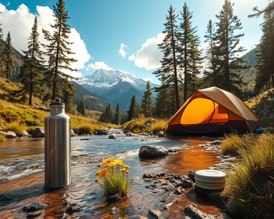 A serene wilderness scene in Sweden, showcasing a clear mountain stream bubbling with fresh drinking water. In the foreground, a small, rustic campsite with a cozy tent nestled amid tall pine trees. A portable water filter is placed nearby, with a stainless steel water bottle glinting in the sunlight. In the middle ground, picturesque wildflowers bloom beside the stream, and a few rocks line the water's edge. The background reveals majestic, snow-capped mountains under a bright blue sky with soft, fluffy clouds. The image captures warm, natural lighting, evoking a peaceful and refreshing atmosphere, ideal for wild camping. The perspective is slightly elevated, giving a panoramic view that enhances the feeling of tranquility in nature. A serene wilderness scene in Sweden, showcasing a clear mountain stream bubbling with fresh drinking water. In the foreground, a small, rustic campsite with a cozy tent nestled amid tall pine trees. A portable water filter is placed nearby, with a stainless steel water bottle glinting in the sunlight. In the middle ground, picturesque wildflowers bloom beside the stream, and a few rocks line the water's edge. The background reveals majestic, snow-capped mountains under a bright blue sky with soft, fluffy clouds. The image captures warm, natural lighting, evoking a peaceful and refreshing atmosphere, ideal for wild camping. The perspective is slightly elevated, giving a panoramic view that enhances the feeling of tranquility in nature.