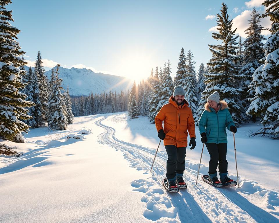 A serene winter landscape depicting two beginners snowshoeing in a snowy forest in Sweden. In the foreground, two individuals dressed in warm, modest outdoor clothing, wearing snowshoes, are happily exploring the pristine, untouched snow. They share smiles and laughter, surrounded by vibrant pine trees dusted with fresh snow. The middle ground features a winding, secluded trail leading deeper into the snow-covered wilderness, with the sun breaking through the clouds, casting a soft, golden light across the scene. In the background, tall snow-capped mountains rise majestically against a clear blue sky, enhancing the tranquility of the setting. The atmosphere is cheerful and inviting, capturing the essence of an adventurous yet accessible snowshoeing experience. The overall composition is shot from a slightly elevated angle, providing a sweeping view of this winter wonderland.