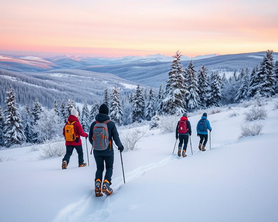 A serene winter landscape in Sweden during the perfect snowshoeing season, capturing a group of hikers dressed in warm, vibrant winter attire. In the foreground, the hikers navigate a pristine blanket of snow, showcasing their snowshoes. The middle ground features gently sloping hills adorned with snow-covered coniferous trees, their branches heavy with white frost. In the background, soft, rolling mountains lightly dusted with snow stretch towards a pastel twilight sky, casting a warm glow. The lighting is soft and diffused, suggesting early morning or late afternoon, with subtle shadows creating depth. The overall mood is adventurous yet peaceful, inviting viewers to explore the beauty of winter in Sweden.