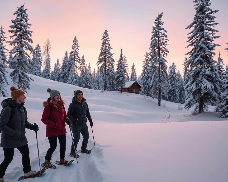 A serene winter landscape in Sweden, showcasing a forest blanketed in fresh, white snow. In the foreground, a group of three friends, dressed in cozy winter attire, are enjoying a snowshoe hike, their laughter echoing in the crisp air. In the middle ground, the soft curves of snow-covered hills create a gentle undulating rhythm, while a small wooden hut can be seen peeking through the trees, its chimney releasing a thin wisp of smoke. The background features tall, majestic pine trees dusted with snow, contrasting against a pastel-colored sunset sky that imbues the scene with a warm, inviting glow. The overall mood is cheerful and adventurous, capturing the essence of budget-friendly winter exploration. The composition is framed with a slight panoramic angle, emphasizing the beauty and tranquility of the snowy wilderness.