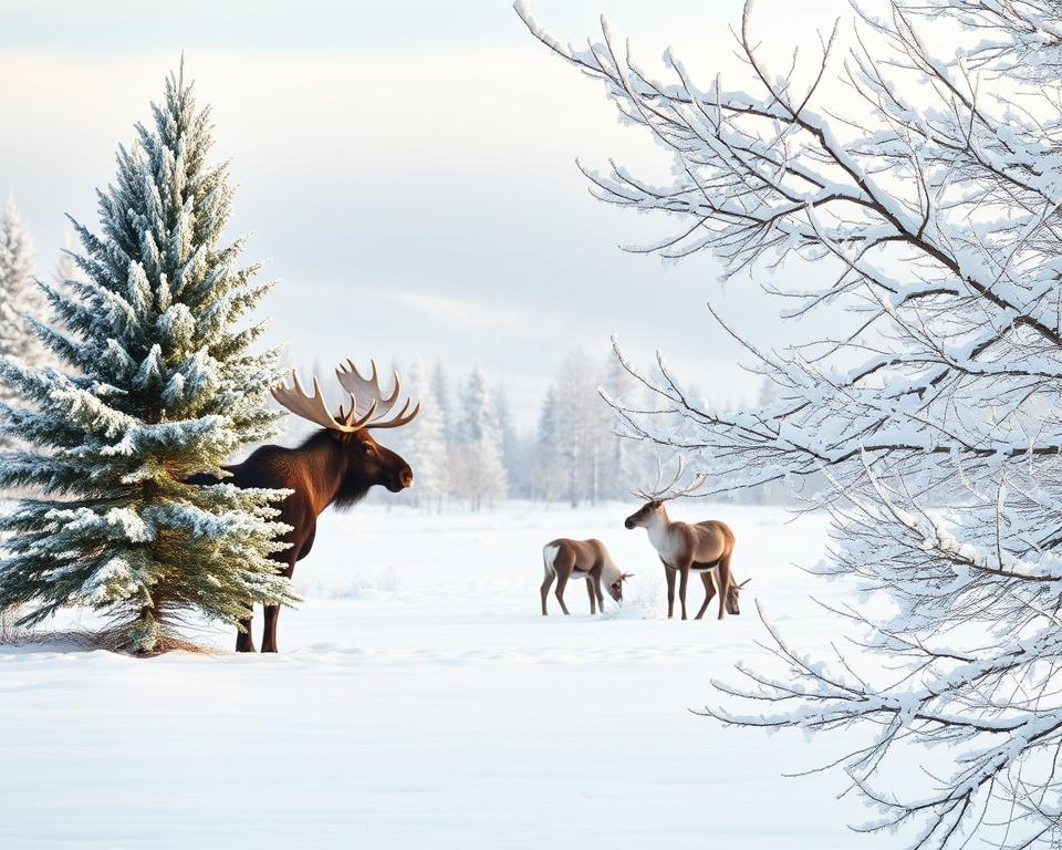 A serene winter landscape in Sweden, showcasing a snow-covered forest. In the foreground, a majestic moose stands gracefully beside a cluster of frosted pine trees, its fur contrasting with the pure white snow. Nearby, a herd of reindeer gently grazes, their antlers glistening with icicles. The middle ground features snow-laden branches glistening in soft, diffused light, while a soft blanket of snow covers the ground, undisturbed, creating a peaceful ambiance. In the background, gentle rolling hills are enveloped in a misty haze, with pale blue skies hinting at the magic of a winter day. The overall mood is tranquil and respectful of nature, inviting viewers to appreciate the wildlife in their pristine habitat. The image should be captured with a wide-angle lens to convey the expansiveness of the scene, bathed in soft, natural lighting that enhances the serene atmosphere.