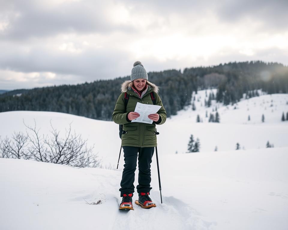 A serene winter landscape showcasing snowshoeing safety in Sweden. In the foreground, a couple of adventurers, dressed in warm, layered clothing and sturdy snowshoes, pause thoughtfully while checking their map. They display attentive expressions, emphasizing the importance of navigation. The middle ground features untouched snow-covered hills, hinting at the thrill of the wilderness. In the background, dense evergreen forests loom under a cloudy, moody sky, suggesting potential winter weather changes. Soft, diffused lighting creates a chilly yet inviting atmosphere, highlighting the glistening snowflakes in the air. Capture this scene with a wide-angle lens to emphasize the vastness of nature while maintaining the focus on the safety aspect of winter hiking.
