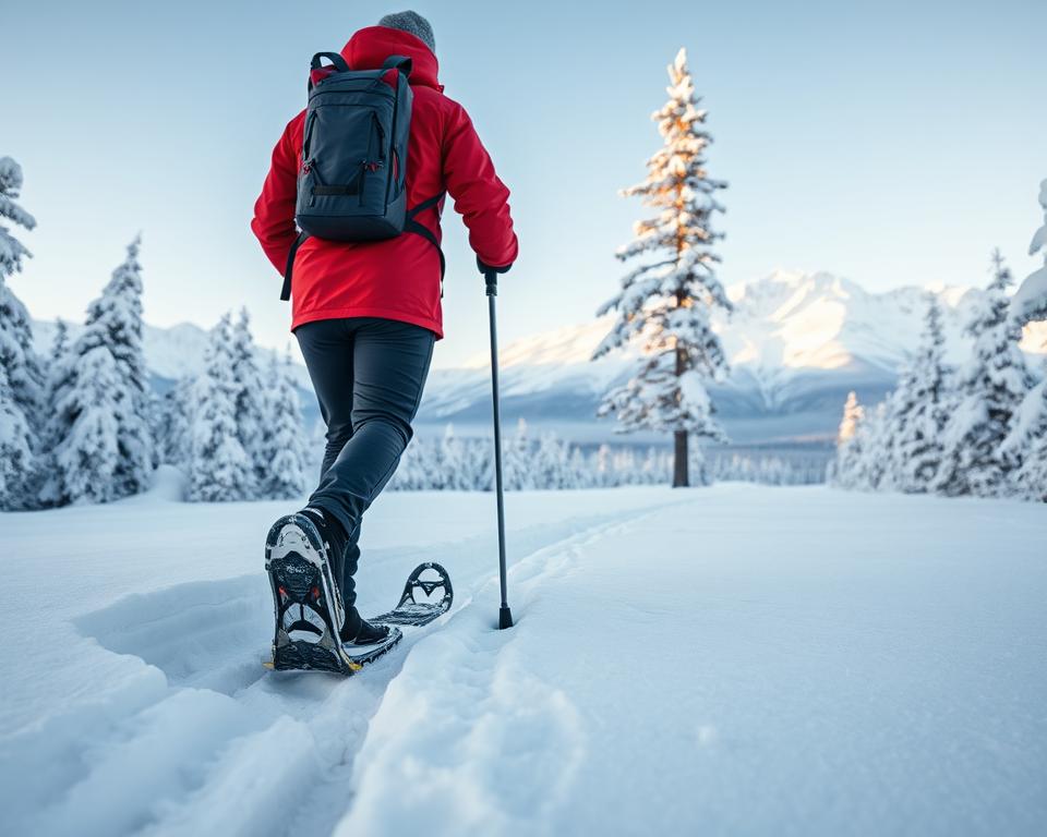 A serene winter scene in Lapland depicting snowshoeing in the arctic wilderness. In the foreground, an experienced hiker wearing a bright red jacket and sturdy snowshoes, vigorously trekking through fresh, powdery snow. The middle ground features snow-laden trees and an open trail, while in the background, majestic, snow-capped mountains rise under a soft blue sky. Gentle sunlight filters through the trees, casting warm glows on the snow. The atmosphere is tranquil yet exhilarating, inviting adventure and exploration. The image captures the magical essence of Swedish Lapland, showcasing its untouched natural beauty and the joy of outdoor winter activities. The focus is sharp, with a wide-angle perspective that emphasizes the vastness of the landscape.
