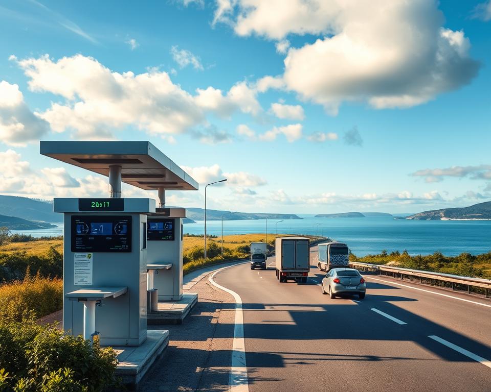 A serene yet dynamic scene depicting a modern toll booth in Sweden, set in a picturesque coastal landscape. In the foreground, focus on the sleek design of the toll booth with automated sensors and electronic displays, surrounded by lush greenery. The middle ground features vehicles of various types, including cars and trucks, lined up as they approach the toll station, showcasing the diverse use of the roadways. In the background, capture the enchanting Swedish coastline, with rolling hills and a calm sea under a bright blue sky with soft white clouds. The lighting is warm and inviting, reminiscent of a sunny day, casting gentle shadows on the road. The overall mood is efficient and peaceful, reflecting Sweden's commitment to modern infrastructure and environmental harmony.