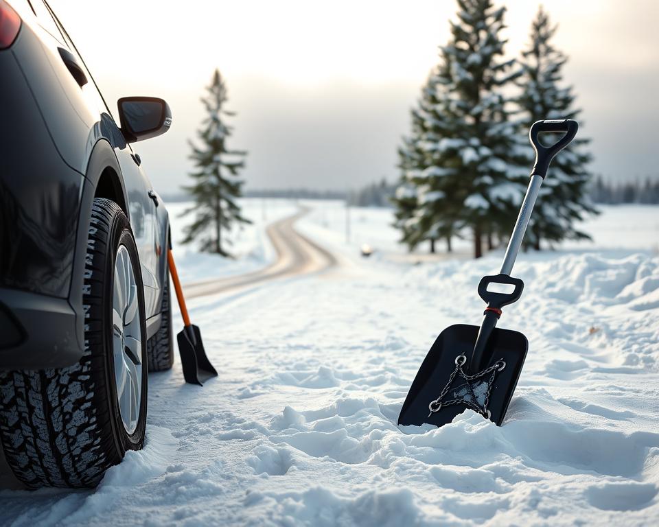 A snowy Swedish landscape featuring a parked car equipped with winter accessories. In the foreground, focus on winter tires, snow chains, and a snow shovel resting against the car. In the middle ground, a well-maintained road is flanked by snow-covered pine trees, hinting at the challenges of driving in winter. The background showcases a distant view of the Swedish countryside, blanketed in white under a pale blue sky. Soft, diffused sunlight filters through the clouds, creating a serene and crisp atmosphere. The angle captures the scene from slightly above, giving a comprehensive view of both the car and the surrounding winter environment. Overall, the mood conveys readiness and safety in winter driving conditions.