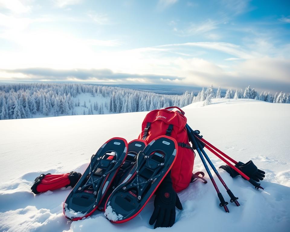 A snowy winter landscape in Sweden, featuring a carefully arranged pack list for a snowshoe tour. In the foreground, display essential equipment: snowshoes resting on a bright red backpack, trekking poles placed beside them, and warm, layered clothing such as a thermal jacket and gloves. The middle ground shows a scenic view of snow-covered trees and a gently sloping hill inviting adventurers. The background depicts a serene winter sky, partly cloudy with soft sunlight filtering through, casting a warm glow over the snowy terrain. Capture the scene with a wide-angle lens to emphasize the vastness of the landscape, creating an outdoor and adventurous mood that highlights the excitement of winter exploration.
