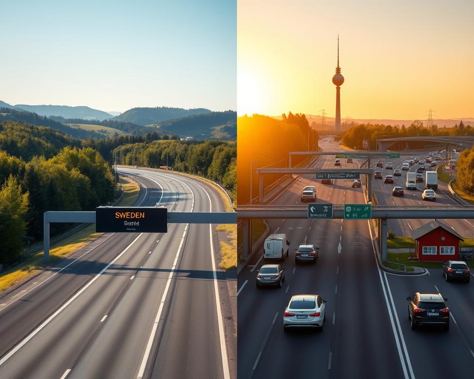 A split-image comparison between Sweden and Germany, illustrating the differences in toll systems. In the foreground, a serene Swedish highway with clear signage indicating a digital toll booth, surrounded by lush green forests and rolling hills under a bright blue sky. In the middle ground, a bustling German autobahn featuring traditional toll plazas, with a mix of modern cars and classic vehicles, all under golden sunset lighting. The background showcases distinctive landmarks from each country, like the silhouette of the iconic Berlin TV Tower on the German side and a picturesque Swedish red cottage near a lake on the Swedish side. The atmosphere is informative yet inviting, engaging viewers with a clear visual contrast.