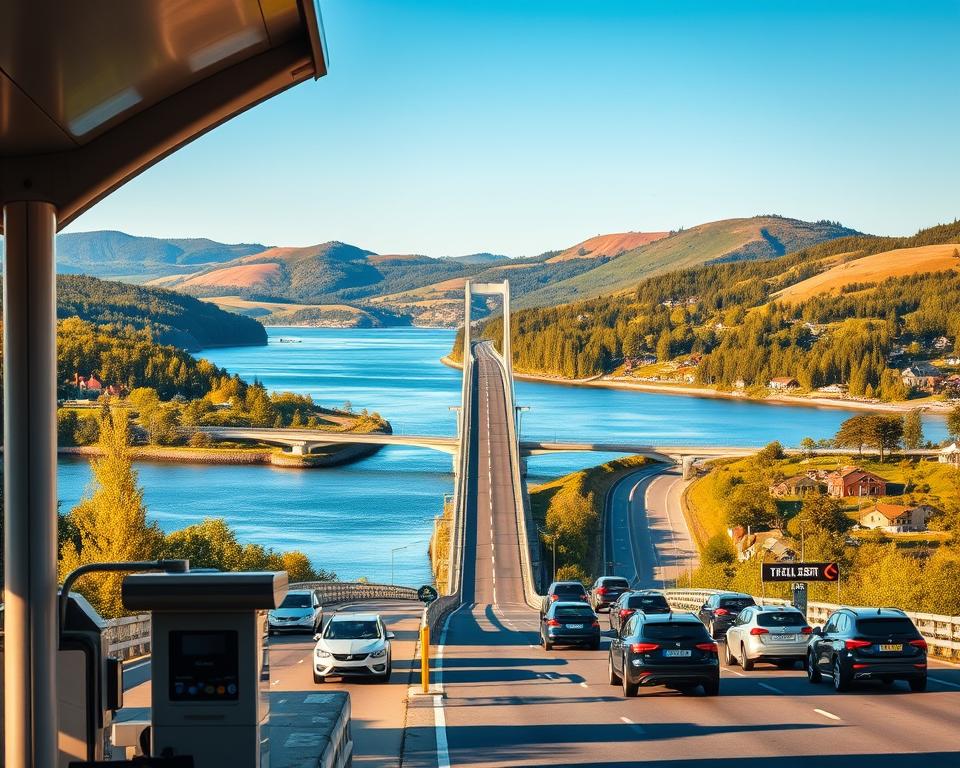 A stunning image illustrating a Swedish toll bridge (Schweden Brückenmaut) in a picturesque setting. In the foreground, a sleek, modern toll station with electronic payment systems and vehicles lined up. The middle ground features a gracefully arched bridge over a sparkling blue waterway, framed by lush green trees. In the background, rolling hills are dotted with traditional Swedish houses, further enhancing the serene landscape. The scene is bathed in warm, golden late afternoon light, casting soft shadows and highlights. A slightly elevated perspective captures the expansive view of the bridge while subtly showcasing the toll area. The mood is tranquil yet informative, capturing the essence of travel through Sweden's beautiful infrastructure without any people present.