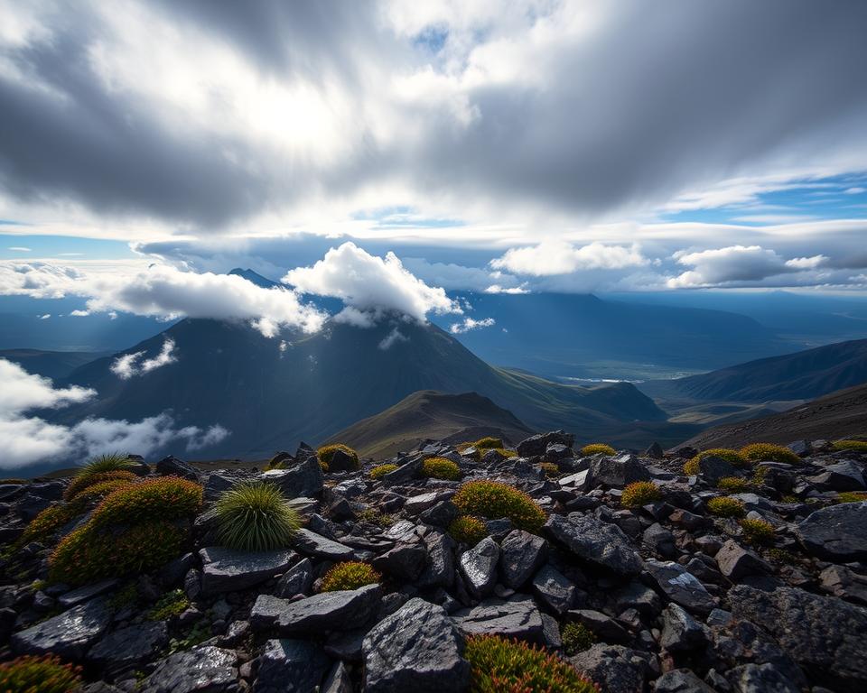 A stunning landscape capturing the weather conditions at Kebnekaise, Sweden's highest peak. In the foreground, rocky terrain is dotted with patches of resilient alpine vegetation, glistening under a light spring rain. The middle ground features Kebnekaise’s majestic twin summits, partially shrouded in wispy clouds amidst a dramatic sky, showcasing a mix of dark storm clouds and radiant sunlight breaking through. In the background, expansive valleys stretch out, framed by looming mountains under a dynamic sky, evoking a sense of grandeur and wilderness. The mood is serene yet vibrant, instilling a sense of adventure. The scene is illuminated with soft diffused lighting, captured from a low angle that emphasizes the towering peaks while revealing the intricacies of the rugged landscape.