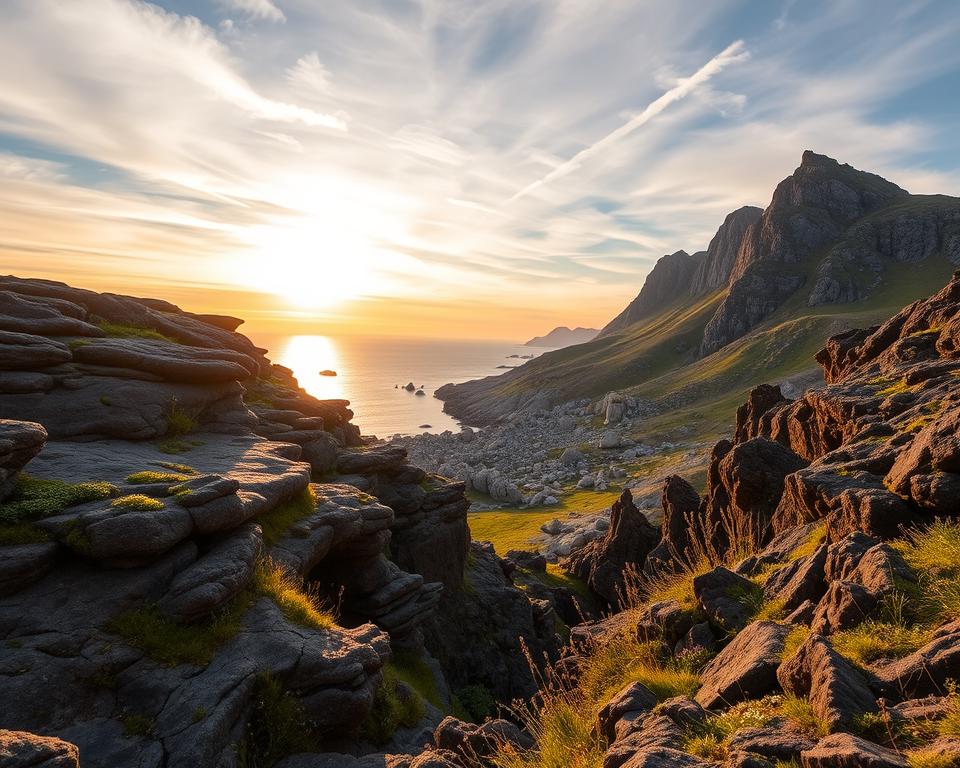 A stunning landscape showcasing the geological wonders of Höga Kusten in Sweden. In the foreground, intricately shaped erosion formations and rugged cliffs, with patches of green moss and wildflowers peeking through. The middle ground features a tranquil coastline, where granite boulders meet the shimmering Baltic Sea, reflecting the soft hues of a golden sunset. In the background, the silhouettes of steep mountains rise against a pastel sky filled with wispy clouds. The scene is illuminated with warm, soft lighting, creating a calm and inviting atmosphere. Capture this from a slightly elevated angle to emphasize the vastness of the landscape, evoking a sense of awe and natural beauty.