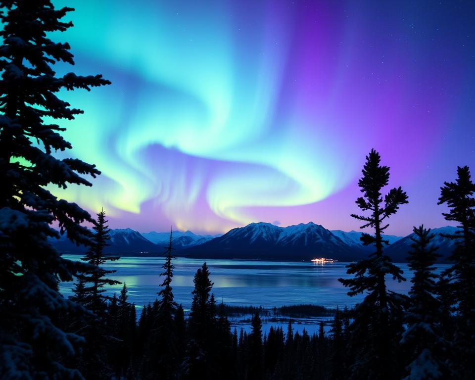 A stunning scene of the Northern Lights (Aurora Borealis) illuminating the night sky over the vast landscapes of Lappland, Sweden. In the foreground, silhouettes of tall pine trees frame the image, their branches dusted with fresh snow. The middle ground features a tranquil frozen lake reflecting the colorful waves of green, purple, and blue hues from the aurora above. In the background, rugged mountains are softly lit by the glow of the sky, providing depth to the scene. The sky is filled with swirling, dynamic patterns of light, casting a magical atmosphere across the landscape. The image captures the serene beauty and enchanting quality of the arctic wilderness at night, evoking a sense of wonder and tranquility. The lighting is dramatic yet soft, creating a contrast between the darkness of the surroundings and the vibrant colors of the aurora.