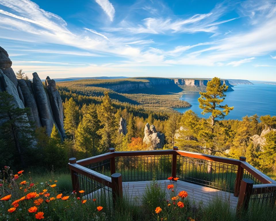 A stunning view of Fotospots in Skuleskogen Nationalpark, featuring unique rock formations, lush green forests, and a vast, sparkling lake in the background. In the foreground, a cozy wooden observation deck is framed by vibrant wildflowers, inviting visitors to immerse themselves in nature. The middle ground showcases a diverse range of trees with sunlight filtering through the leaves, creating dappled patterns on the ground. The background is dominated by majestic cliffs against a bright blue sky, with soft, wispy clouds adding depth. Capture this scene at golden hour for warm, inviting lighting, with a wide-angle lens to emphasize the expansive beauty of the landscape, evoking a sense of tranquility and wonder in nature.