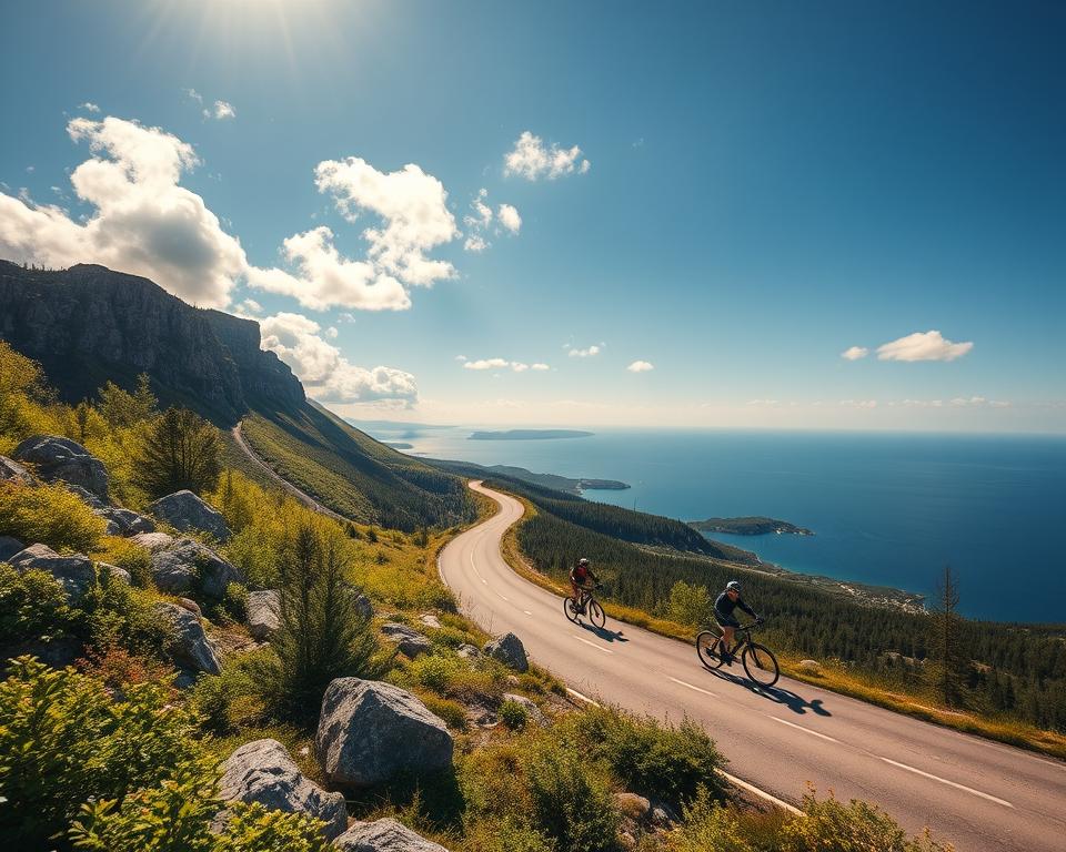 A stunning view of the Höga Kusten Route, showcasing the dramatic cliffs and lush forests of Skuleskogen Nationalpark. In the foreground, vibrant greenery interspersed with rugged boulders displays the natural beauty of the landscape. The middle ground features a winding road meandering through the hills, with cyclists in modest outdoor clothing enjoying the scenic ride, embodying the spirit of adventure. In the background, the vast expanse of the Baltic Sea glimmers under a bright blue sky dotted with soft, white clouds. The sunlight casts warm, golden tones over the scenery, creating a serene and inviting atmosphere, perfect for exploration. Use a wide-angle lens to capture the magnificence of this picturesque route, ensuring the composition draws the viewer into this breathtaking natural setting.