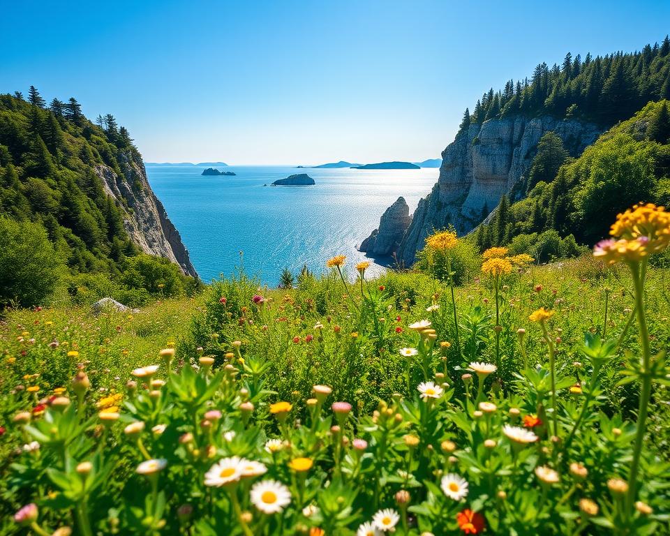 A sunny summer scene in Höga Kusten, Sweden, showcasing its stunning natural beauty. In the foreground, a vibrant green landscape dotted with wildflowers under a clear blue sky. A calm, shimmering sea stretches into the middle ground, where rocky cliffs rise dramatically, adorned with lush forests. In the background, the horizon features distant islands basking in the warm sunlight. The overall atmosphere feels peaceful and inviting, perfect for a summer getaway. The lighting is soft and bright, capturing the essence of a warm summer day. The angle is slightly elevated, providing a sweeping view that highlights the harmonious blend of land and sea. The scene should evoke a sense of tranquility and adventure, ideal for exploring Höga Kusten's charms.