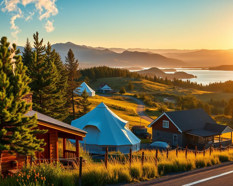 A tranquil Swedish landscape featuring various overnight accommodations along a scenic route. In the foreground, a cozy wooden cabin with smoke curling from the chimney, surrounded by lush green pine trees and wildflowers. The middle ground reveals a well-maintained camp with a couple of traditional tents, and a charming farmhouse complete with a welcoming porch. The background showcases rolling hills, a shimmering lake reflecting the blue sky, and distant mountains under a warm golden sunset. Soft, natural lighting casts gentle shadows, evoking a peaceful and inviting atmosphere. The scene is captured from a slightly elevated angle, providing a sweeping view, emphasizing the serenity and beauty of Sweden's overnight options for travelers. No people are included in the image.