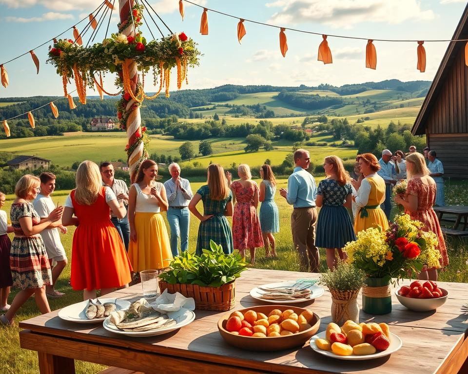 A vibrant Midsommar celebration in Sweden, featuring people dressed in colorful, modest traditional outfits, joyfully dancing around a tall, decorated Midsummer pole adorned with flowers and greenery. In the foreground, a wooden table is set with traditional Swedish dishes, such as herring, new potatoes, and fresh strawberries, all under soft, golden sunlight. In the middle ground, cheerful groups of friends and families engage in lively conversations, enjoying the festive atmosphere. The background hints at a scenic Swedish countryside with rolling green hills, blooming wildflowers, and a clear blue sky. The overall mood is joyful and festive, capturing the essence of a perfect summer day in Sweden. The image is captured with a warm, soft focus lens for an inviting and nostalgic feel.