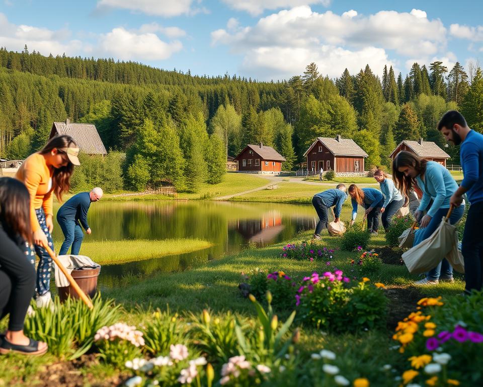 A vibrant Swedish landscape showcasing environmental conservation efforts. In the foreground, a diverse group of people in professional attire engage in a clean-up activity, picking up litter and planting trees. The middle ground features a pristine lake reflecting the sky, surrounded by lush, green forests and colorful wildflowers, symbolizing the beauty of nature. In the background, traditional Swedish wooden houses harmoniously blend into the scenery, emphasizing sustainability. The scene is bathed in warm, golden sunlight, creating a serene and inspiring atmosphere. A slight lens blur enhances the depth, focusing on the teamwork and dedication in safeguarding the environment. The image should convey a sense of responsibility and respect for nature, encapsulating the essence of Umweltschutz in Sweden.