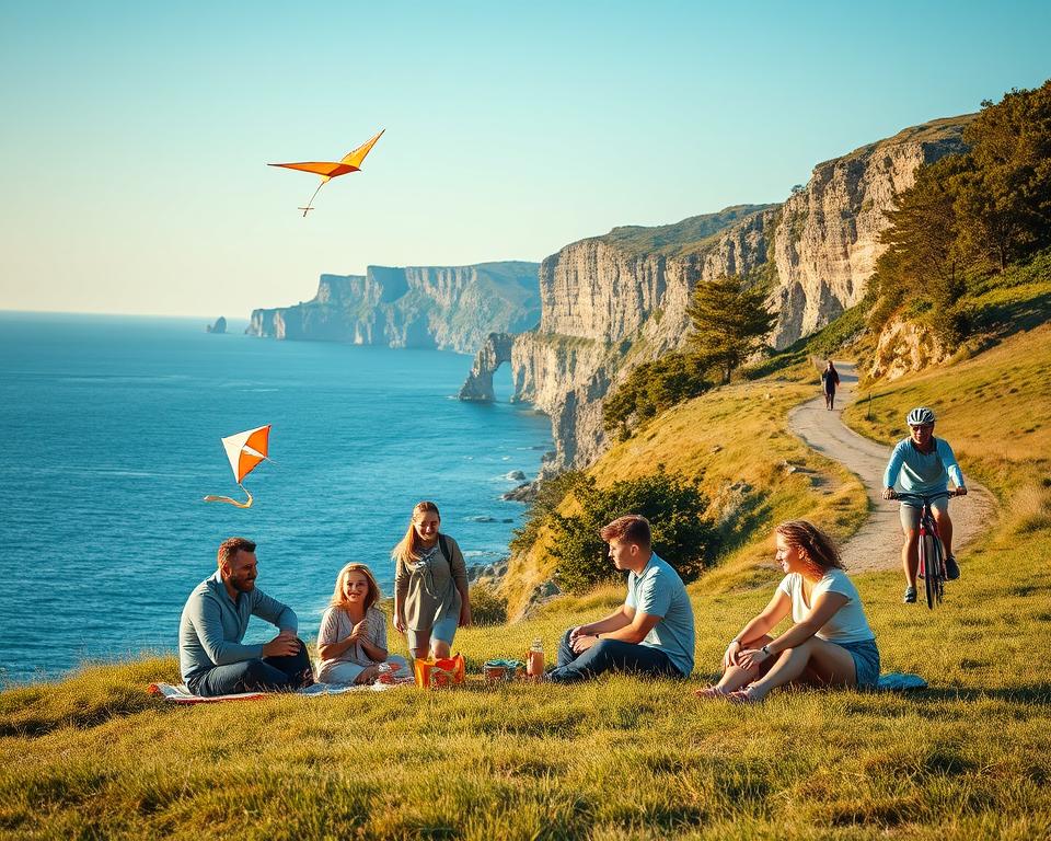 A vibrant family-friendly scene in Höga Kusten, Sweden, showcasing parents and children engaging in various outdoor activities. In the foreground, a happy family of four, dressed in modest casual clothing, enjoys a picnic on a grassy hill with the stunning backdrop of the coastline. The middle layer features children playing with kites in a gentle breeze, while nearby, a couple rides bicycles along a scenic path lined with lush trees. In the background, majestic cliffs rise against a clear blue sky, reflecting soft sunlight. The mood exudes joy and togetherness, embodying a sense of adventure and exploration. The lighting is warm and inviting, capturing the essence of a perfect summer day in nature, with an angle that emphasizes both the family and the dramatic landscape.