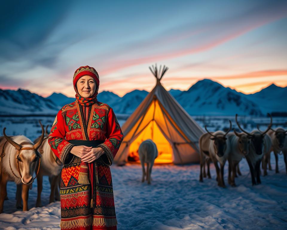 A vibrant representation of Sami culture, showcasing the essence of life in the Arctic. In the foreground, a Sami woman dressed in traditional colorful gákti, delicately embroidered, stands beside a herd of reindeer. In the middle ground, a traditional Sami tent (lavvu) is set against a backdrop of snow-covered mountains, with warm light glowing from within, suggesting a cozy interior. The background features a stunning twilight sky, transitioning from deep blue to shades of orange, illuminating the snow-laden landscape. The atmosphere is serene and inviting, capturing the harmony between the Sami people and their natural surroundings. Use a soft focus lens to enhance the warmth of the scene, evoking a sense of cultural pride and connection to nature. No text or logos in the image.