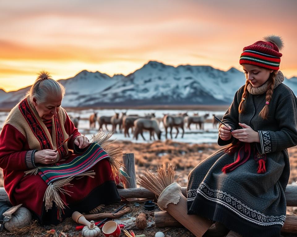 A vibrant scene showcasing Sami culture in the Swedish Lapland, featuring a group of Sami people dressed in traditional, modest attire, skillfully crafting handmade crafts and tools. In the foreground, a Sami elder expertly weaves a colorful reindeer hide, while a young person paints intricate patterns on a wooden surface. The middle ground reveals a herd of reindeer grazing peacefully, highlighting the importance of reindeer husbandry. In the background, the majestic snow-covered mountains under a soft golden light of sunset create a warm and inviting atmosphere. The sky is painted with subtle hues of pink and orange, casting a serene glow over the entire landscape. The composition captures a harmonious blend of tradition, craftsmanship, and the unique environment of the Lapland, evoking a sense of cultural pride and connection to nature.