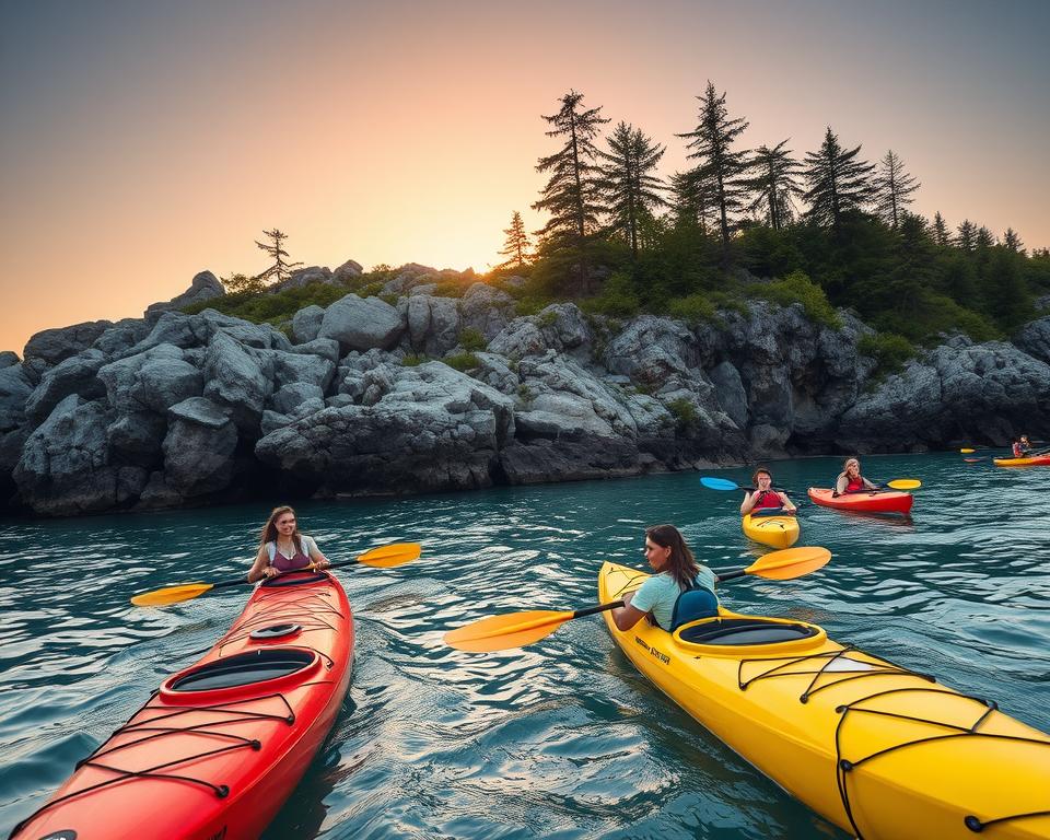 A vibrant scene showcasing water sports in Höga Kusten, Sweden. In the foreground, a diverse group of people in modest casual clothing is enjoying kayaking, with bright colored kayaks gliding over the crystal-clear waters. Midground features a scenic rocky coastline dotted with lush greenery and tall pine trees, framing the picturesque setting. In the background, the sun sets on the horizon, casting warm golden hues across the sky while soft waves lap against the shore. The lighting is golden hour, creating a serene and inviting atmosphere. Use a wide-angle lens to capture the expansive beauty of this natural paradise, emphasizing the tranquil yet exhilarating vibe of maritime activities in Höga Kusten.