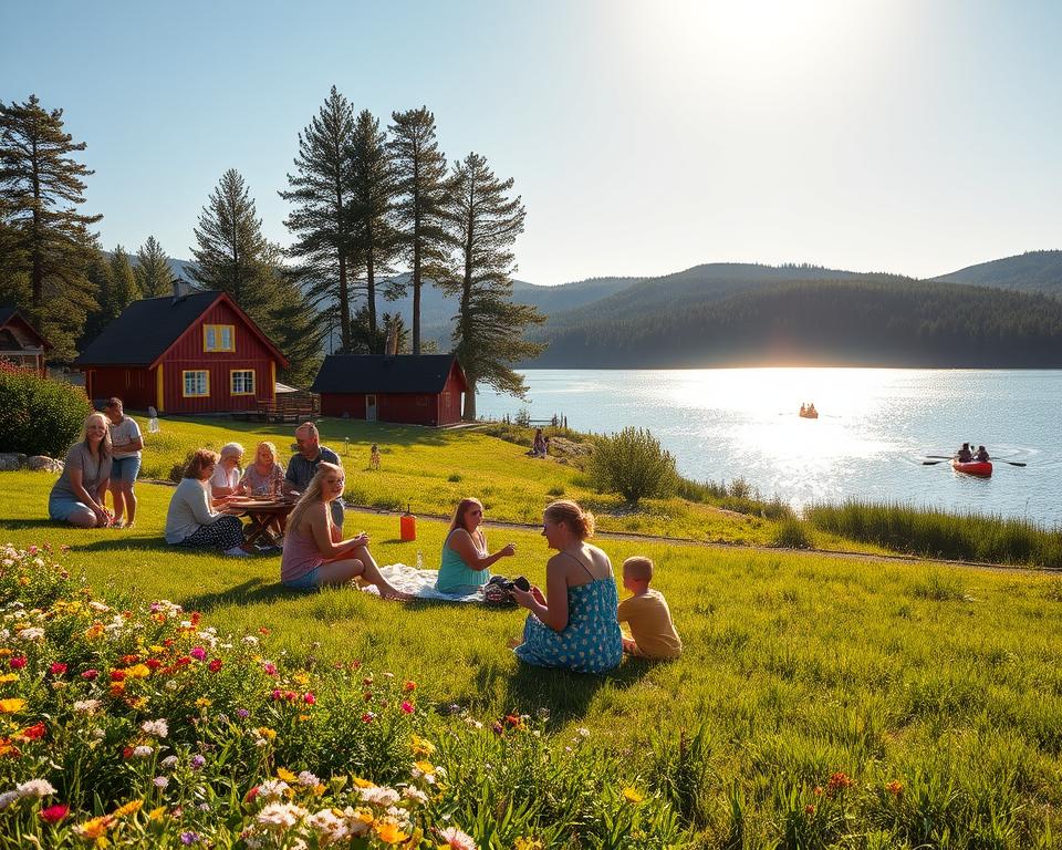 A vibrant summer scene in southern Sweden, showcasing the natural beauty of the region. In the foreground, a serene lakeside dotted with colorful wildflowers and lush green grass, where a diverse group of people in modest casual clothing enjoy picnicking, laughing, and engaging in leisure activities. The middle ground features traditional Swedish wooden cottages with bright red and yellow colors nestled among tall pine trees, while a couple of kayakers paddle on the shimmering lake, reflecting the bright blue sky. In the background, rolling hills and dense forests stretch into the distance under a warm, glowing sun, casting soft shadows and creating a tranquil atmosphere. The image conveys a sense of joy and relaxation, embodying the essence of a perfect Swedish summer vacation.