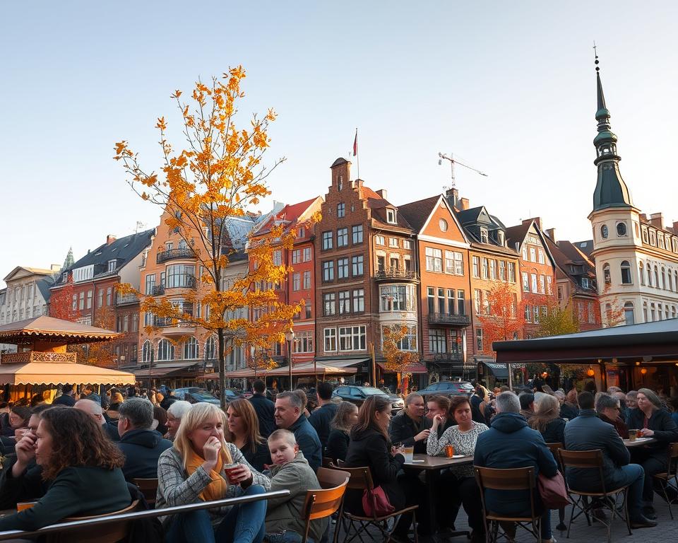 A vibrant urban scene showcasing a picturesque Swedish city in September, with colorful autumn leaves adorning the streets. In the foreground, a cozy café terrace filled with people in modest casual clothing, enjoying warm drinks under soft, golden sunlight. The middle ground features charming, historic buildings with Swedish architecture, showcasing a mix of modern and traditional styles. In the background, the sky is clear with a hint of pale blue, reflecting a crisp but pleasant autumn day. Add a few trees with orange and red foliage and a gentle breeze to suggest the change of seasons. Capture the overall mood of relaxation and exploration, emphasizing the beauty of city travel in Sweden during September, using a wide-angle lens for an inviting perspective. A vibrant urban scene showcasing a picturesque Swedish city in September, with colorful autumn leaves adorning the streets. In the foreground, a cozy café terrace filled with people in modest casual clothing, enjoying warm drinks under soft, golden sunlight. The middle ground features charming, historic buildings with Swedish architecture, showcasing a mix of modern and traditional styles. In the background, the sky is clear with a hint of pale blue, reflecting a crisp but pleasant autumn day. Add a few trees with orange and red foliage and a gentle breeze to suggest the change of seasons. Capture the overall mood of relaxation and exploration, emphasizing the beauty of city travel in Sweden during September, using a wide-angle lens for an inviting perspective.