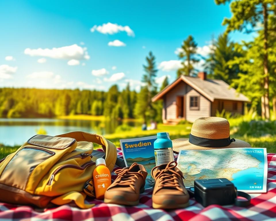 A visually inviting summer scene representing a packing list for a perfect summer in Sweden. In the foreground, a laid-out selection of summer essentials: a lightweight backpack, water bottle, a map of Sweden, sunscreen, a pair of comfortable hiking shoes, a stylish sun hat, and a camera, all on a checkered picnic blanket. The middle ground features a picturesque view of a green forest with a serene lake, reflecting the blue sky, dotted with fluffy white clouds. The background shows a small wooden cabin, typical of Swedish architecture, surrounded by lush trees. The lighting is warm and sunny, creating an uplifting, adventurous mood, with a slightly blurred depth of field to enhance focus on the packing items in the foreground. The overall atmosphere is inviting and evokes the spirit of a summer adventure in Sweden.