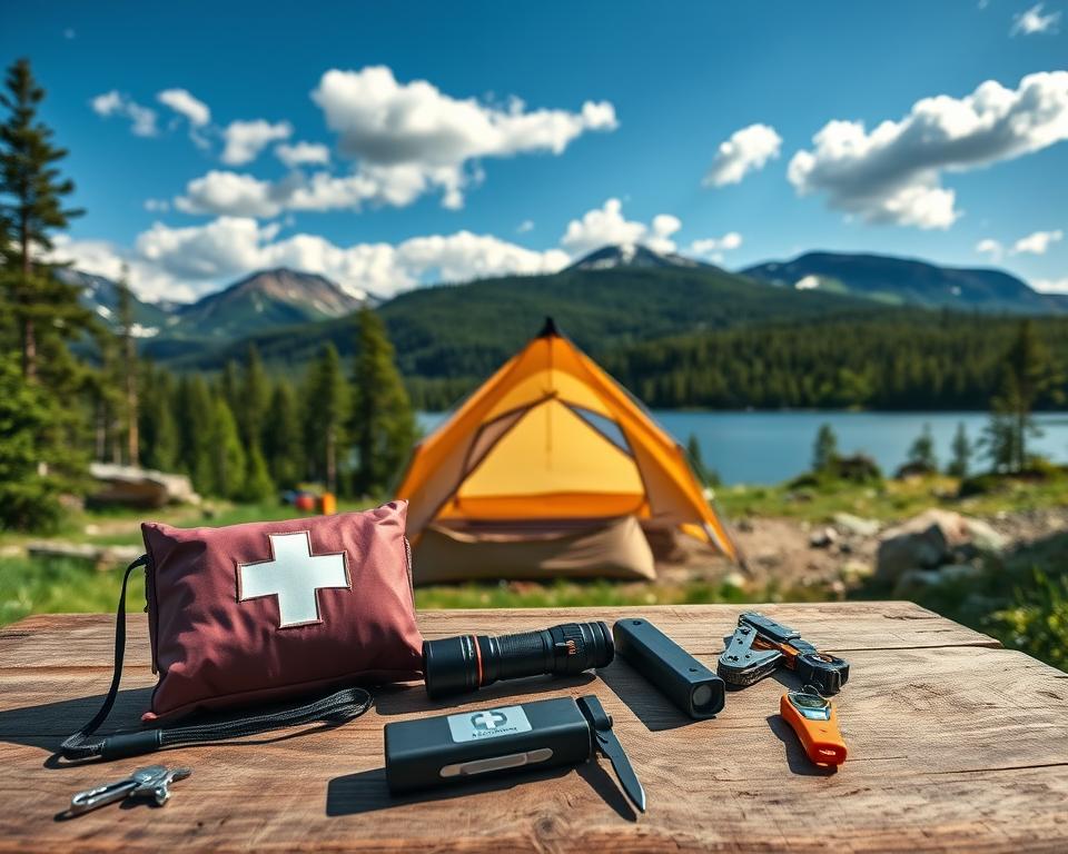 A well-organized campsite in the wilds of Sweden, showcasing essential emergency gear for camping safety. In the foreground, display a neatly arranged first aid kit, a flashlight, a multi-tool, and a whistle on a rustic wooden table. In the middle ground, show a small tent set against a backdrop of lush green forests and a sparkling lake, with hiking trails nearby. The background should feature majestic mountains under a bright blue sky with fluffy white clouds, creating a sense of tranquility. Use soft, natural lighting to highlight the gear, emphasizing safety and preparedness. The atmosphere is serene yet adventurous, perfect for wild camping enthusiasts. A well-organized campsite in the wilds of Sweden, showcasing essential emergency gear for camping safety. In the foreground, display a neatly arranged first aid kit, a flashlight, a multi-tool, and a whistle on a rustic wooden table. In the middle ground, show a small tent set against a backdrop of lush green forests and a sparkling lake, with hiking trails nearby. The background should feature majestic mountains under a bright blue sky with fluffy white clouds, creating a sense of tranquility. Use soft, natural lighting to highlight the gear, emphasizing safety and preparedness. The atmosphere is serene yet adventurous, perfect for wild camping enthusiasts.