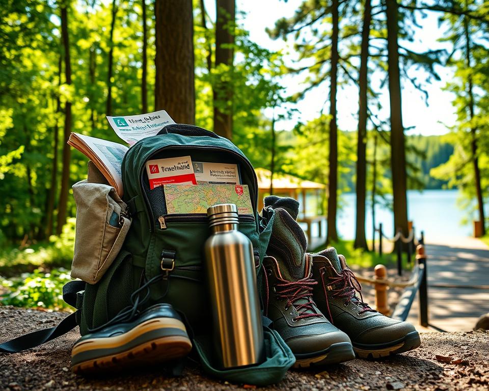 A well-organized collection of travel gear for exploring Sweden, showcasing a sturdy backpack filled with hiking essentials like a map, first-aid kit, and travel guide. In the foreground, place a pair of durable hiking boots and a reusable water bottle. The middle ground should feature a vibrant green forest with tall, leafy trees and dappled sunlight filtering through the branches, conveying a sense of adventure. In the background, hint at a serene lakeside with a wooden dock and a clear blue sky. The atmosphere should feel inviting and adventurous, highlighting nature and outdoor activities. Use soft, natural lighting to enhance the scene and create a sense of warmth and exploration.