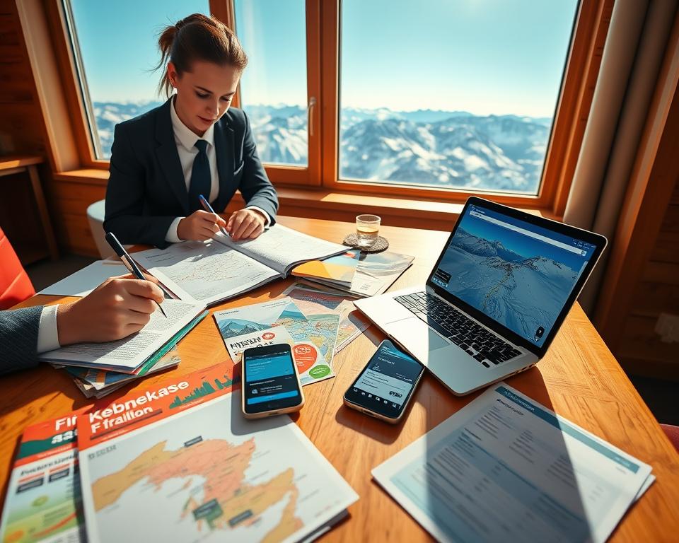 An inviting and detailed travel planning scene showcasing a wooden table strewn with travel brochures and a laptop open to a scenic map of Kebnekaise Fjällstation in Sweden. In the foreground, a person dressed in professional business attire is focused on budgeting, writing notes, and looking at the map. The middle layer features an array of vibrant brochures and a smartphone displaying pricing options for accommodations. In the background, a window reveals a serene view of snow-capped mountains and clear blue skies, creating a sense of adventure. Warm, natural lighting floods the scene, creating an atmosphere of optimism and excitement about the journey ahead. The camera angle is slightly above eye level, giving a comprehensive view of the planning process while maintaining a cozy ambiance.