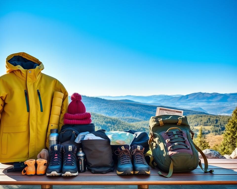 An organized packing list layout for hiking in Skuleskogen National Park, featuring neatly arranged items. In the foreground, display a variety of outdoor clothing, including a waterproof jacket, thermal layers, sturdy hiking pants, and a warm beanie. Include hiking shoes and a rugged backpack, open to show essential gear like a water bottle, first aid kit, and a map. The middle ground should have a scenic view of the lush forest and rugged terrain of Skuleskogen, with light filtering through the trees, casting dappled shadows. In the background, distant hills are visible under a clear blue sky. The mood is adventurous and inviting, encouraging outdoor exploration. The lighting is bright and natural, highlighting each item.