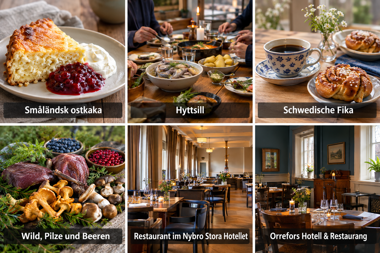 Bildcollage: Essen und Übernachten in Nybro