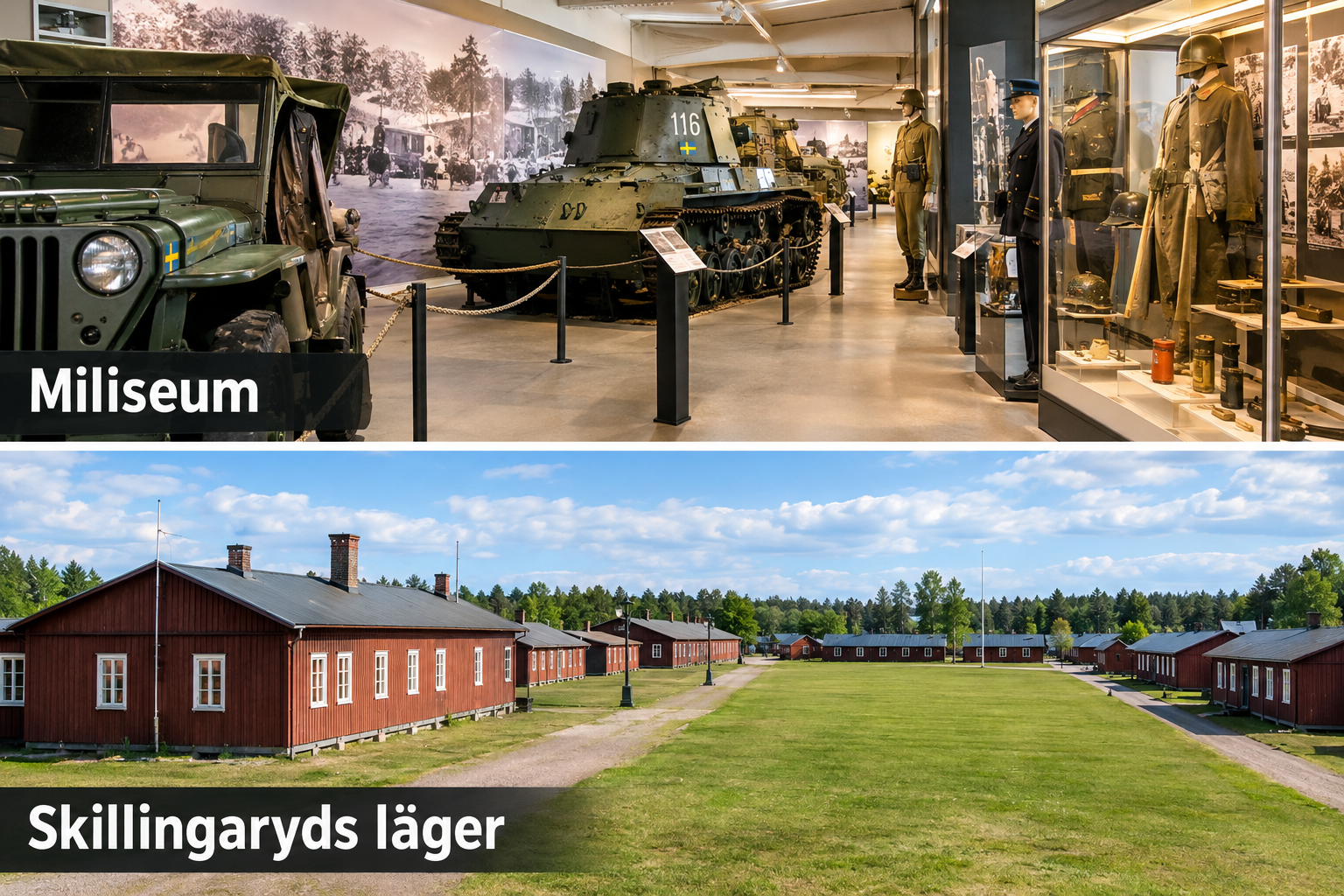 Bildcollage: Skillingaryd: Miliseum und historisches Lager in Vaggeryd